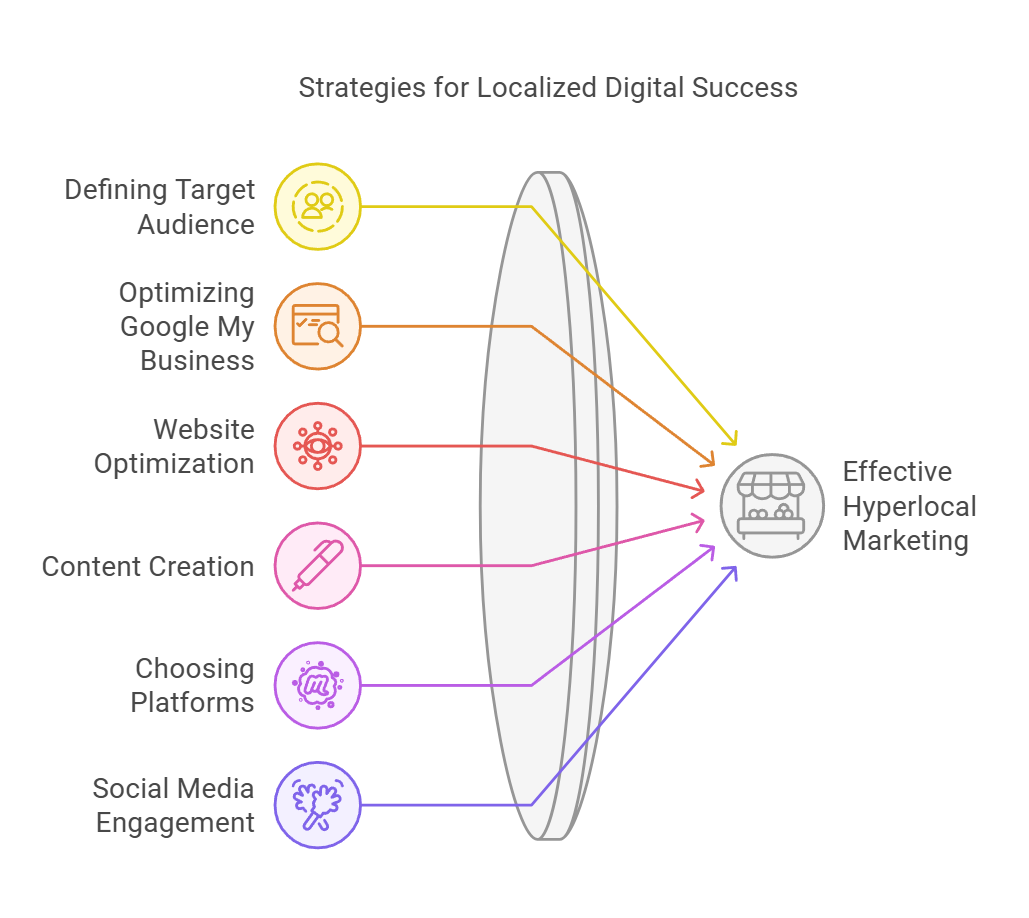 Key Strategies for Hyperlocal Social Media Marketing

	• Defining Your Hyperlocal Target Audience
	• Optimizing Google My Business (GMB): 
	• Website Optimization: 
	• Content Creation for a Local Audience: 
	• Choosing the Right Social Media Platforms: 
	• Social Media Engagement: 
	• Leveraging Local Partnerships: 
Paid Advertising: 